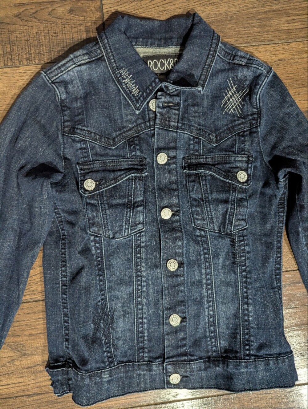 Rock & Roll Cowgirl Blue Stretch Denim Jacket - Womens Size Med w Embellishments